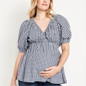 Old Navy Blue and White Gingham Puff-Sleeve Maternity Blouse